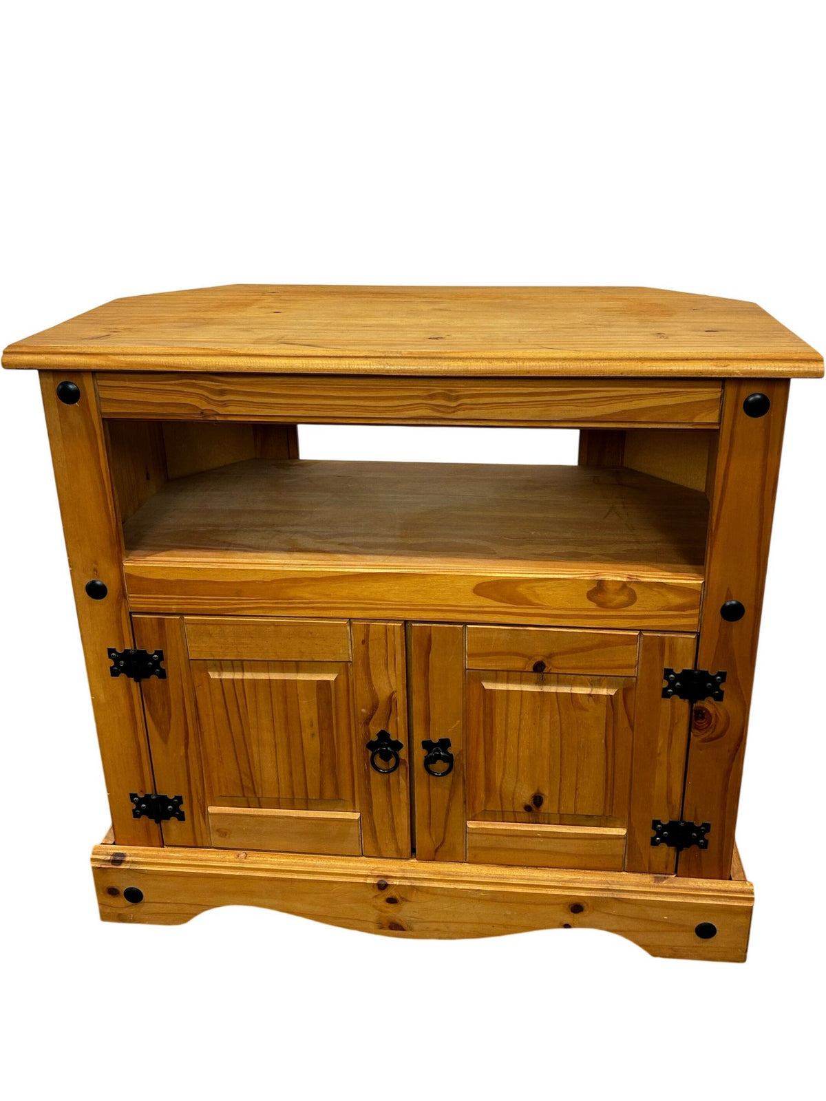 Rustic Pine Corner TV Stand with 2 Door Cupboard & Open Shelf (Pre-Loved)