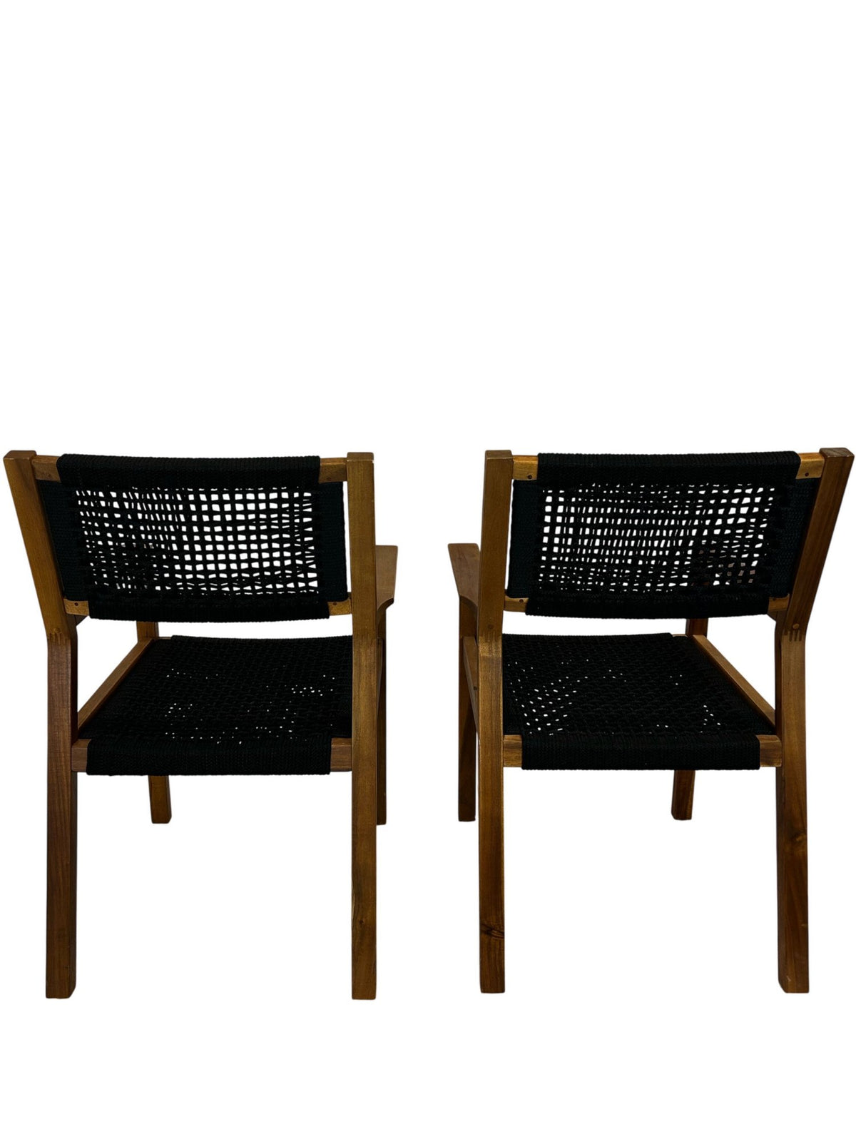 Pair Mid Century Style Wooden Armchairs Black Woven Seats (Pre-Loved)