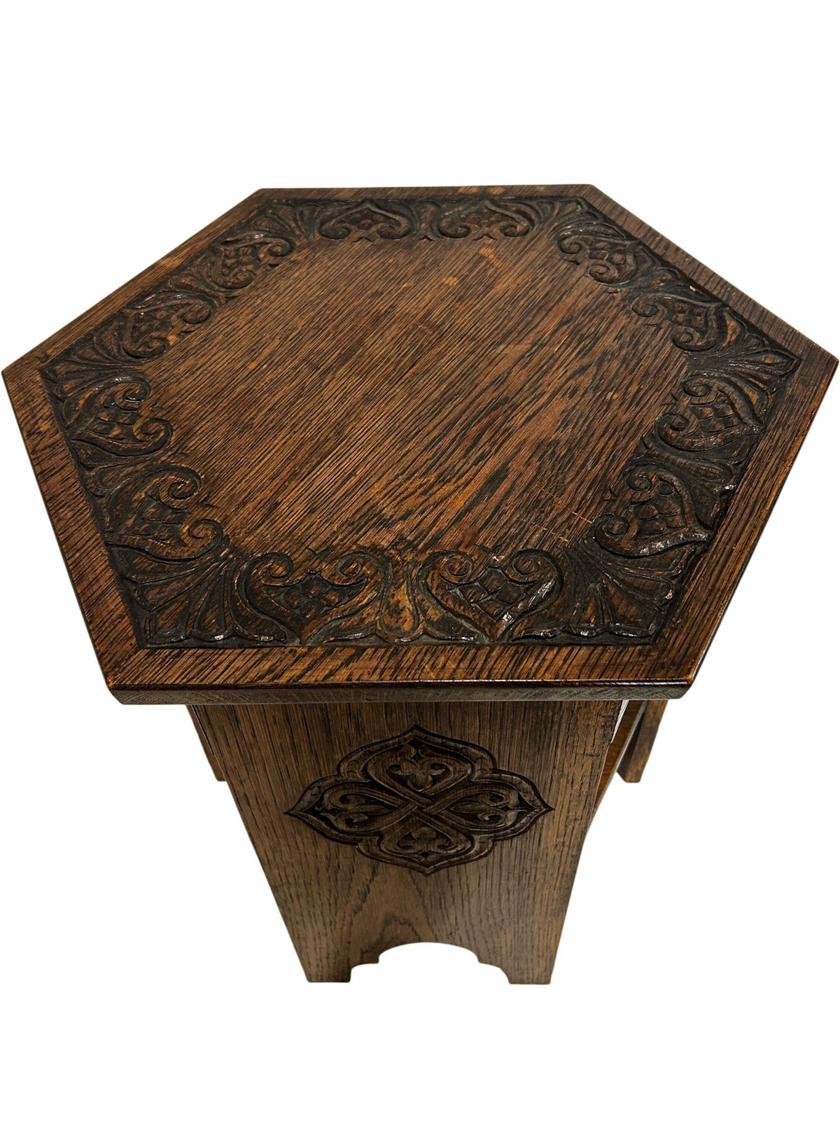 Hexagonal Carved Wooden Side Table with Lower Shelf Dark Oak Style (Pre-Loved)