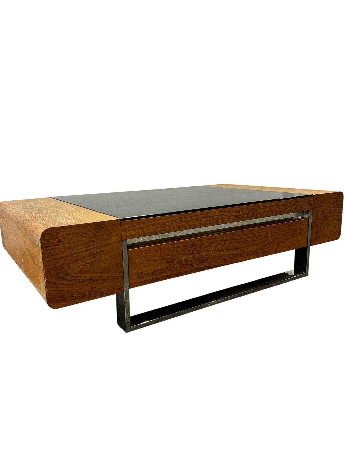 Large Black Glass Coffee Table Wood Finish Storage Chrome Frame (Pre-Loved)