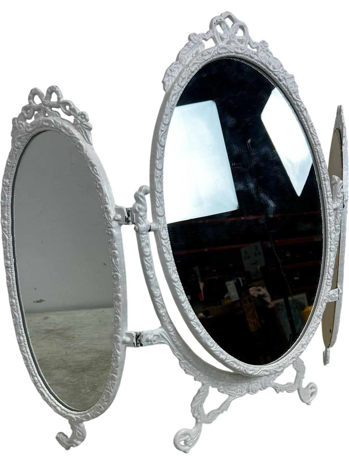 Vintage Triple Oval Vanity Dressing Table Mirror Ornate White Frame (Pre-Loved)