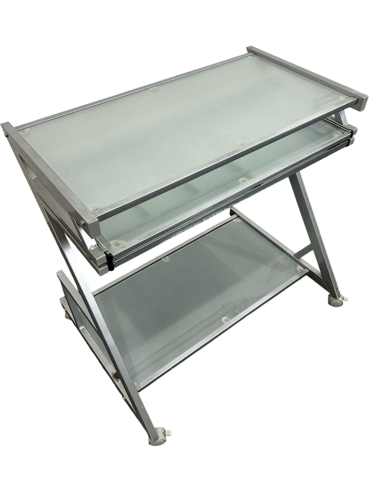 Glass Computer Desk with Keyboard Tray, Shelf & Wheels (Pre-Loved)
