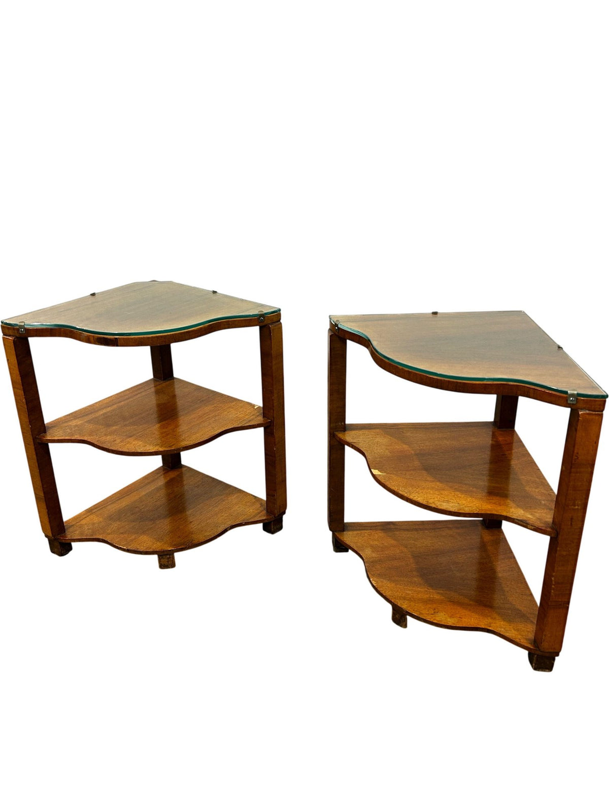 Pair of Wooden 3-Tier Corner Tables with Glass Tops (Pre-Loved)