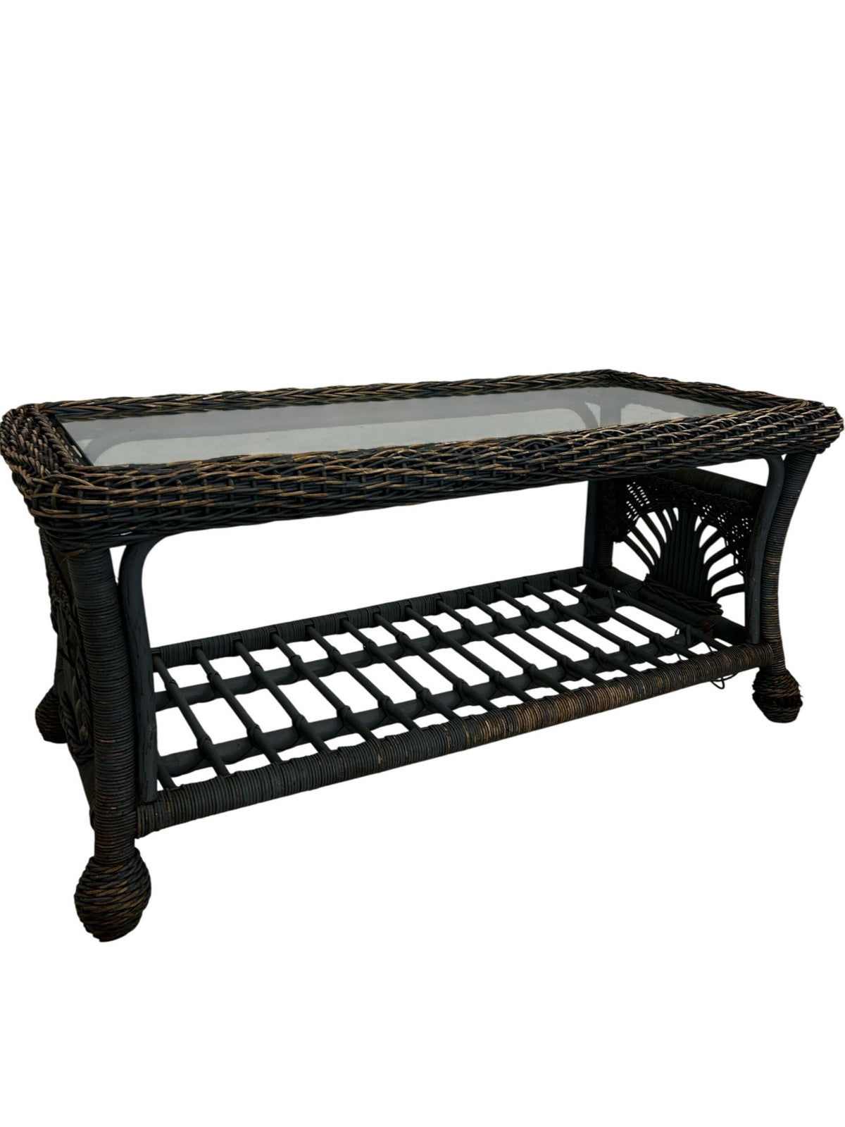 PE Rattan Garden Coffee Table Glass Top Lower Shelf Patio (Pre-Loved)