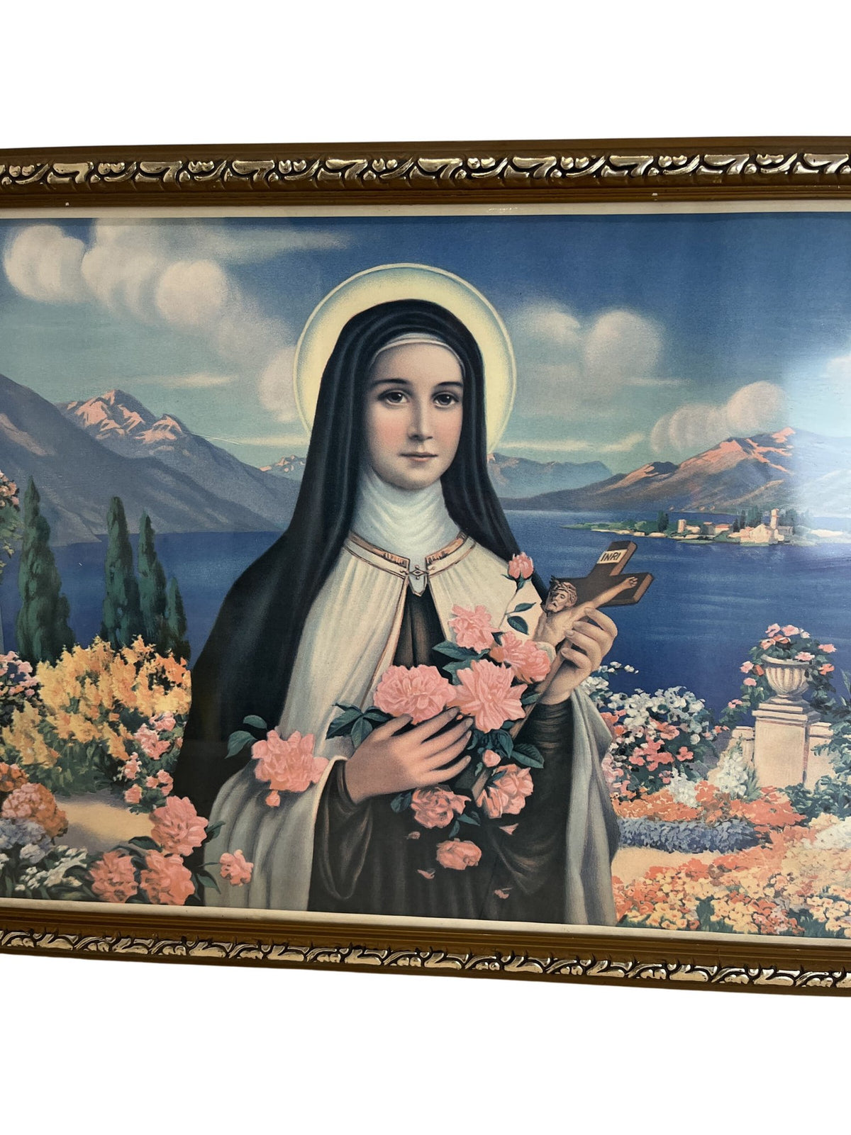 Framed Religious Art Print Floral Landscape Decoration (Pre-Loved)