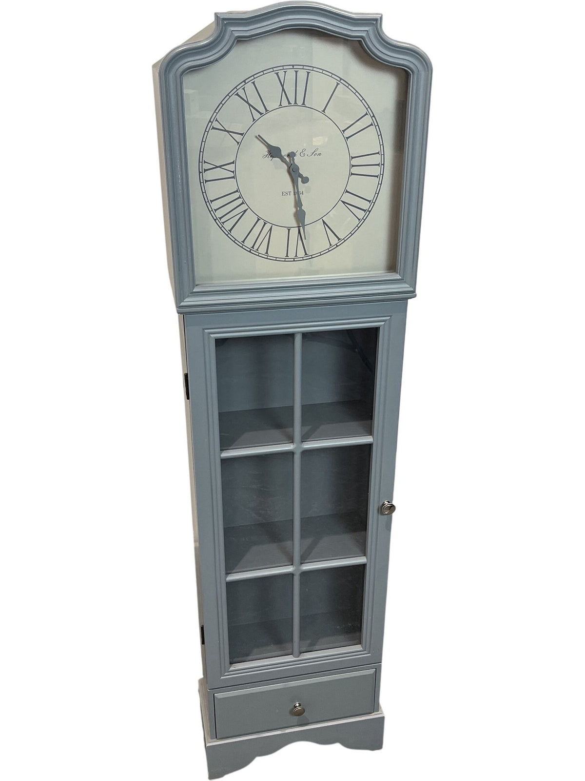 Grey Modern Tall Clock Cabinet With Storage Shelves (Pre-Loved)