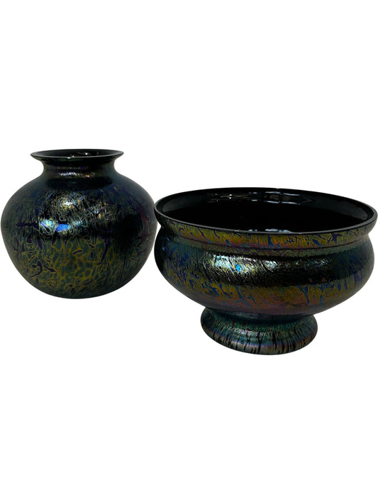 Iridescent Art Glass Vase & Footed Bowl Set Decorative Glass (Pre-Loved)