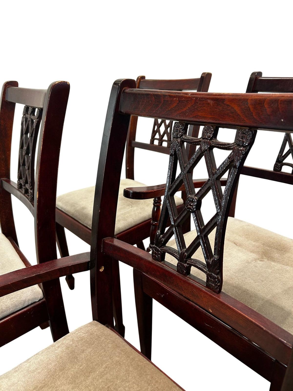 Set of 4Wooden Armchairs Upholstered Seats Lattice Back Antique Style(Pre-Loved)