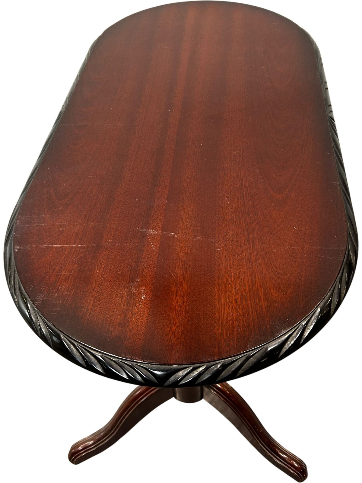 Vintage Oval Coffee Table Carved Edge Pedestal Base Mahogany Style (Pre-Loved)