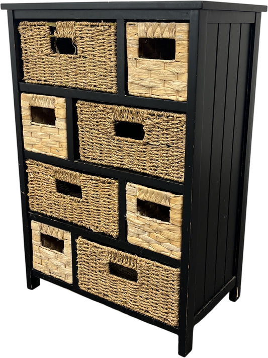 Rustic Basket Cabinet Black Wood Frame Woven Storage Drawers (Pre-Loved)