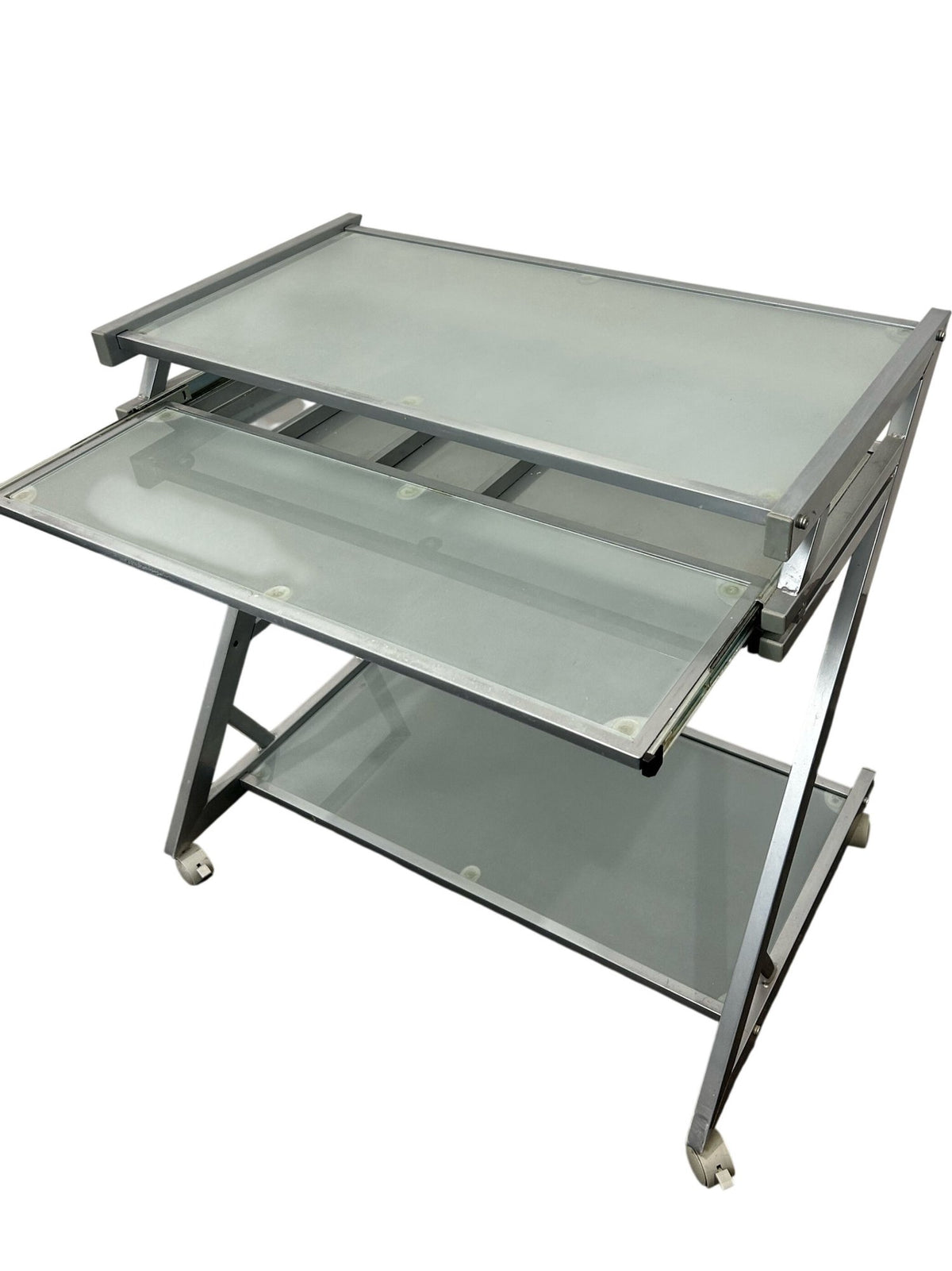 Glass Computer Desk with Keyboard Tray, Shelf & Wheels (Pre-Loved)