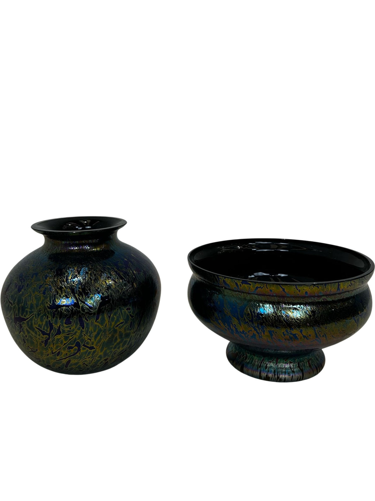 Iridescent Art Glass Vase & Footed Bowl Set Decorative Glass (Pre-Loved)