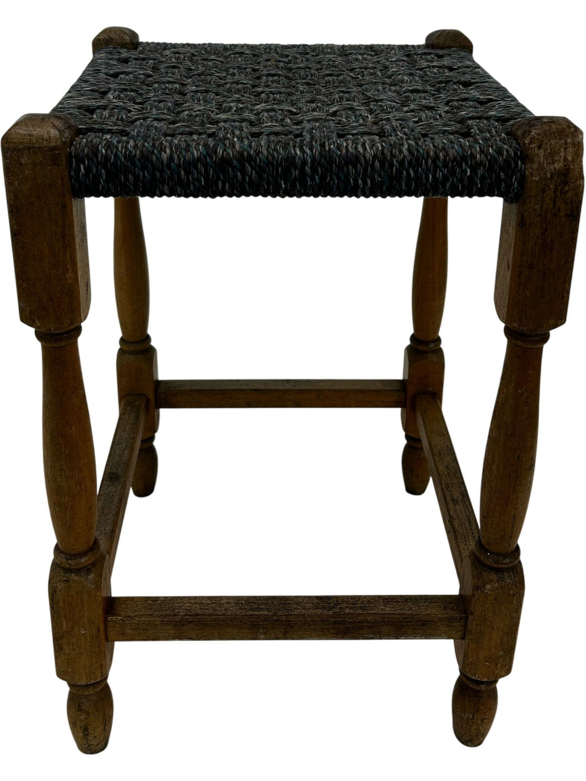 Wooden Stool Woven Rush Seat Turned Legs Square Footstool Brown (Pre-Loved)