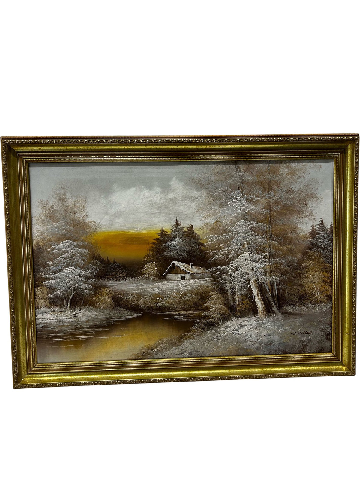 Signed W Zeller Landscape Painting Forest Cabin River Framed 86cm (Pre-Loved)