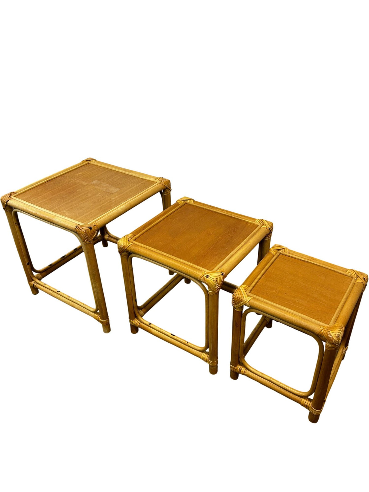 Rattan Nest of 3 Square Side Tables Natural Boho Wicker Style (Pre-Loved)