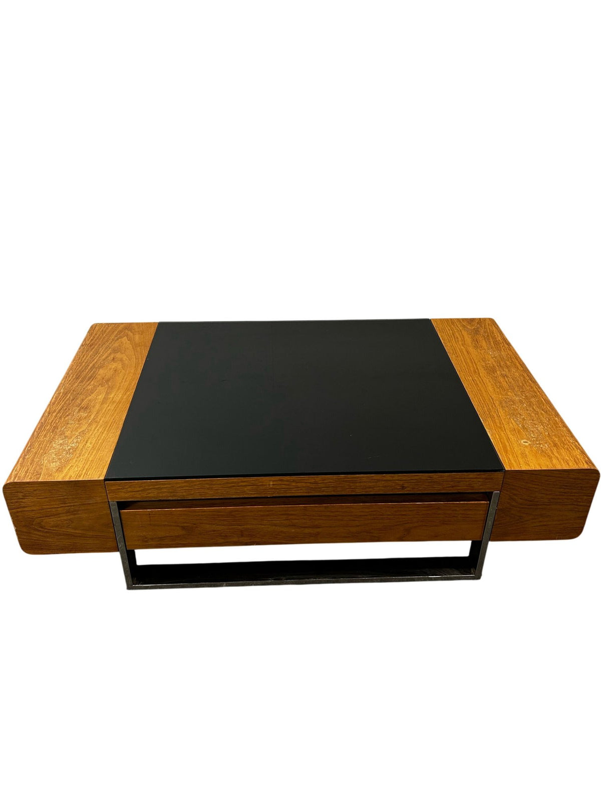 Large Black Glass Coffee Table Wood Finish Storage Chrome Frame (Pre-Loved)