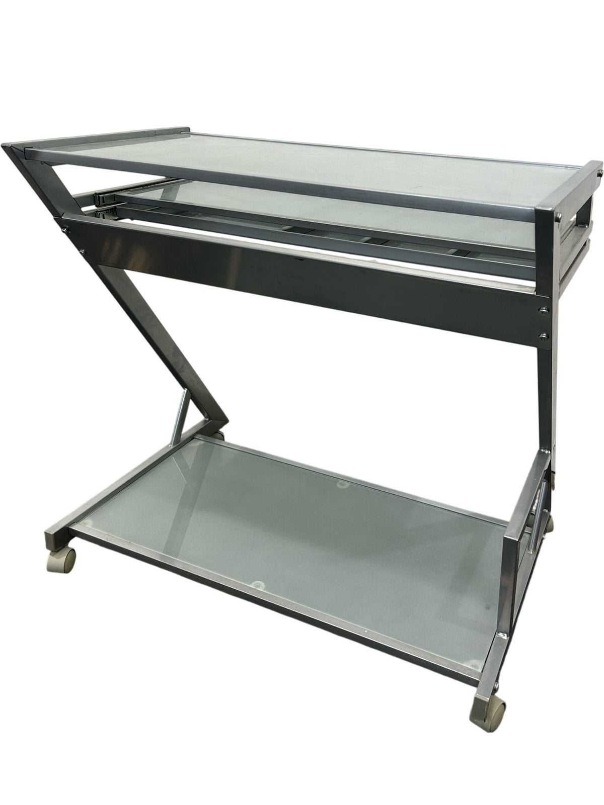 Glass Computer Desk with Keyboard Tray, Shelf & Wheels (Pre-Loved)