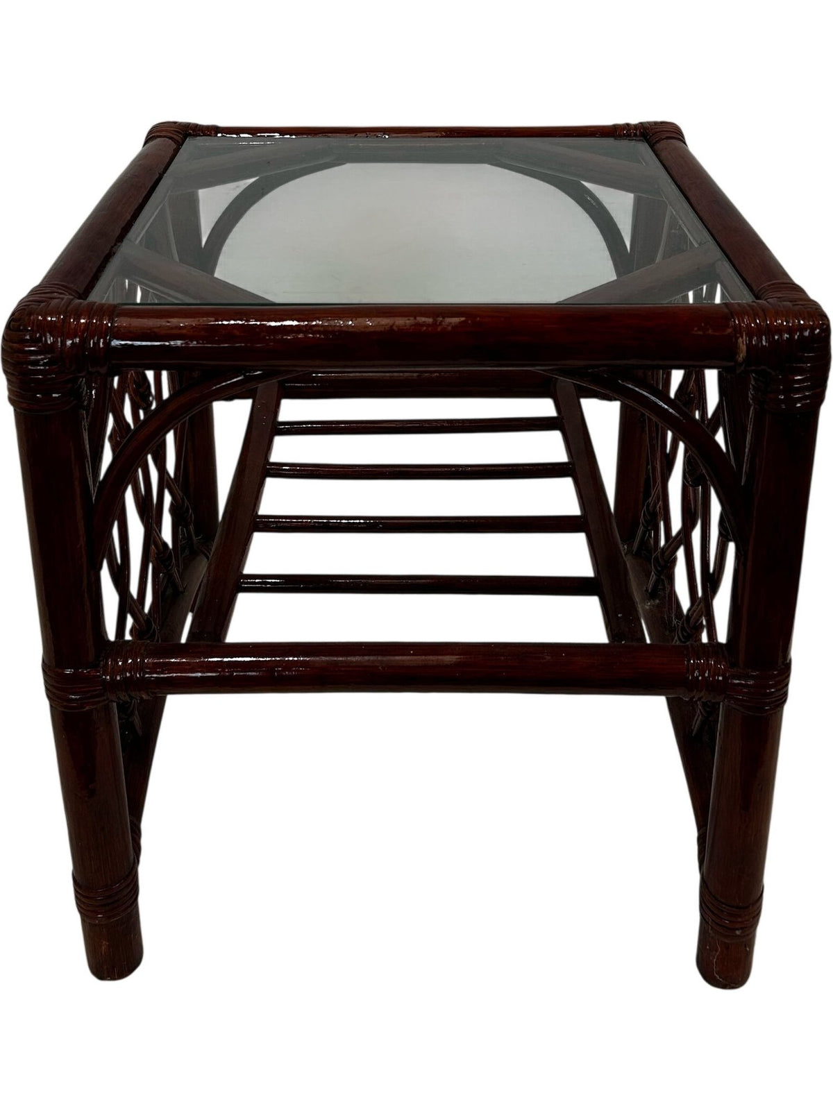 Rattan Wicker Glass Top Side Table with Lower Shelf (Pre-Loved)