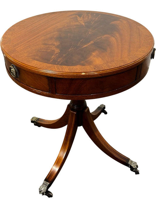 Round Wooden Pedestal Side Table with Drawers & Claw Feet (Pre-Loved)