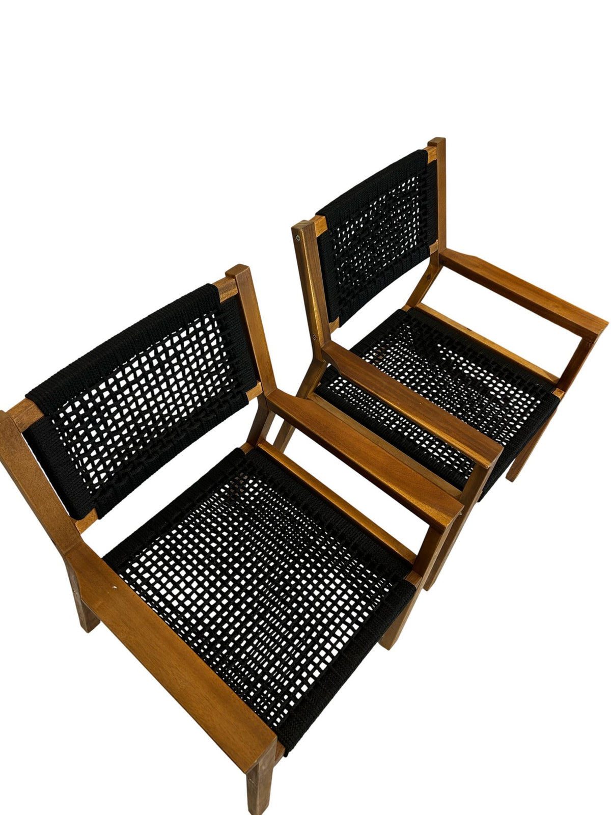 Pair Mid Century Style Wooden Armchairs Black Woven Seats (Pre-Loved)
