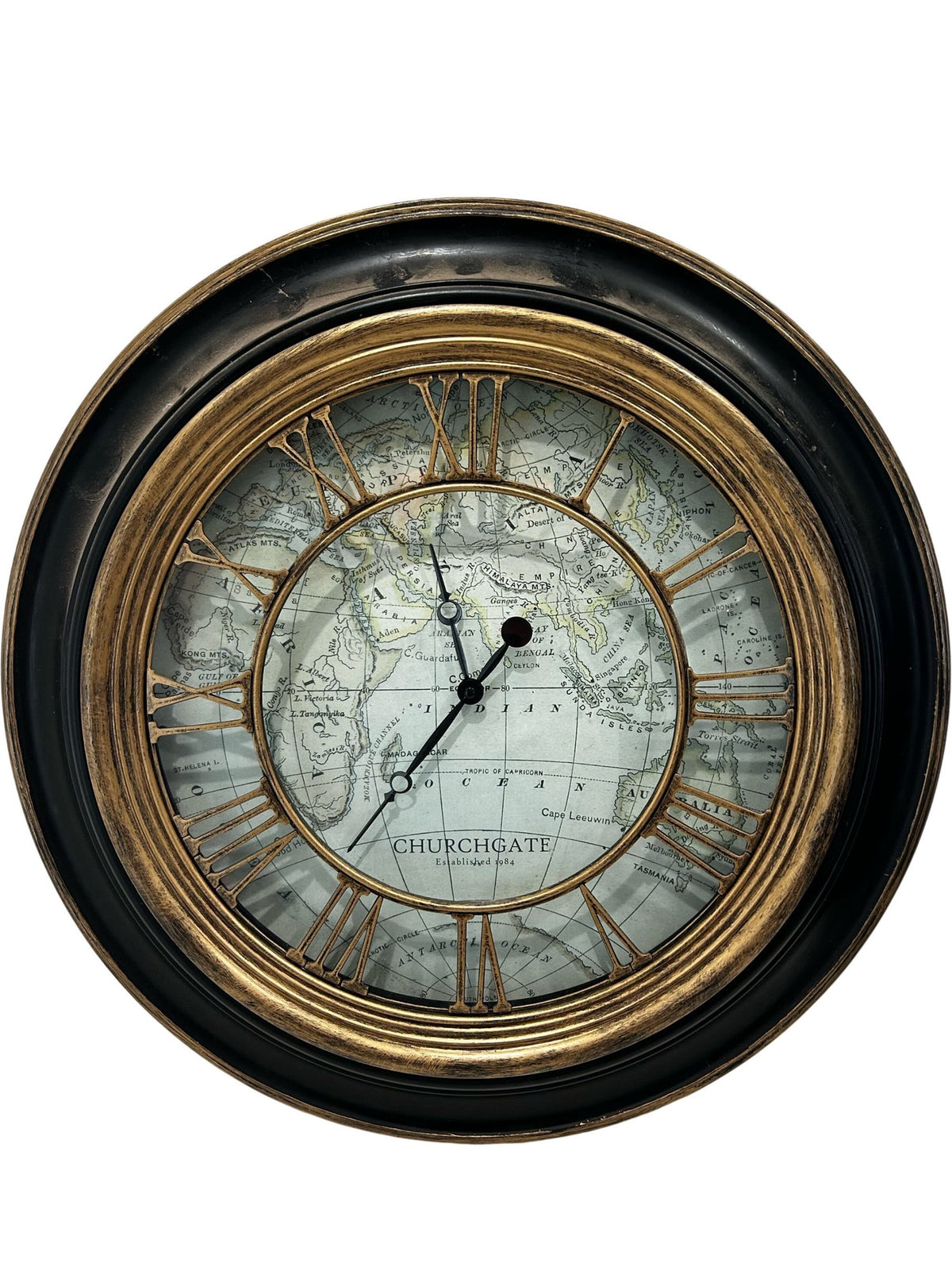 Churchgate Large Wall Clock 60cm Roman Numerals Black Gold Map Style (Pre-Loved)