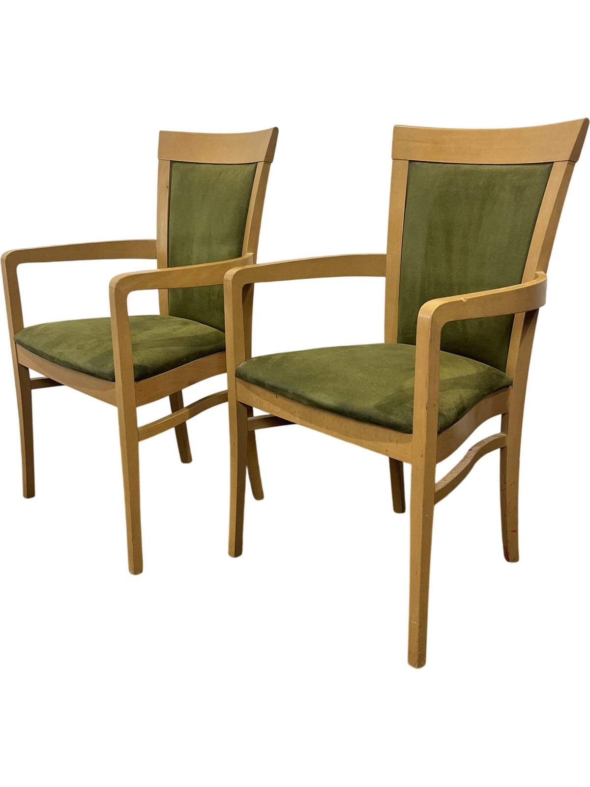 Pair Of Honey Oak Green Moss Upholstered Dining Chairs (Pre-Loved)