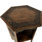 Hexagonal Carved Wooden Side Table with Lower Shelf Dark Oak Style (Pre-Loved)
