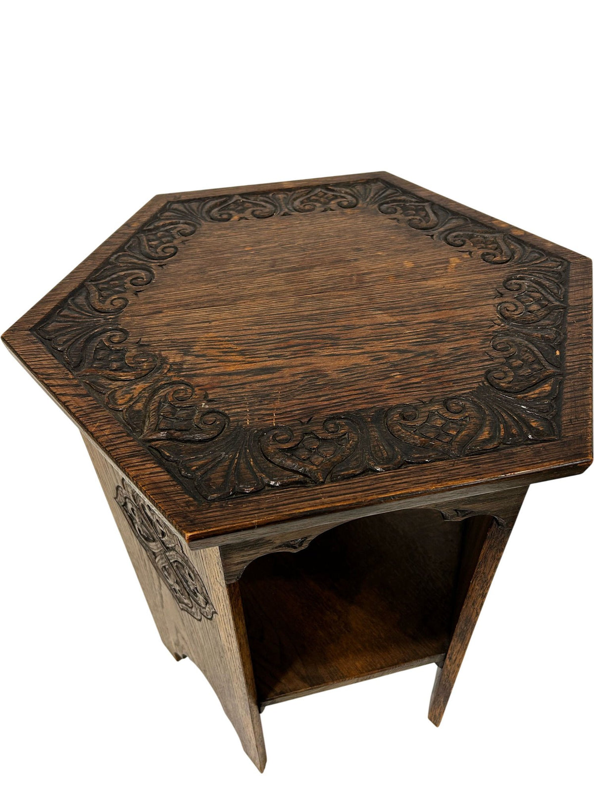 Hexagonal Carved Wooden Side Table with Lower Shelf Dark Oak Style (Pre-Loved)