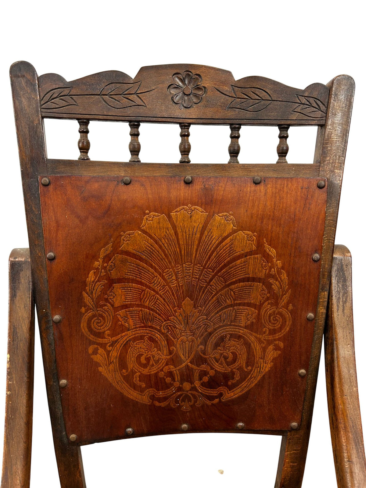 Carved Wooden Rocking Chair Floral Back Turned Legs Traditional (Pre-Loved)