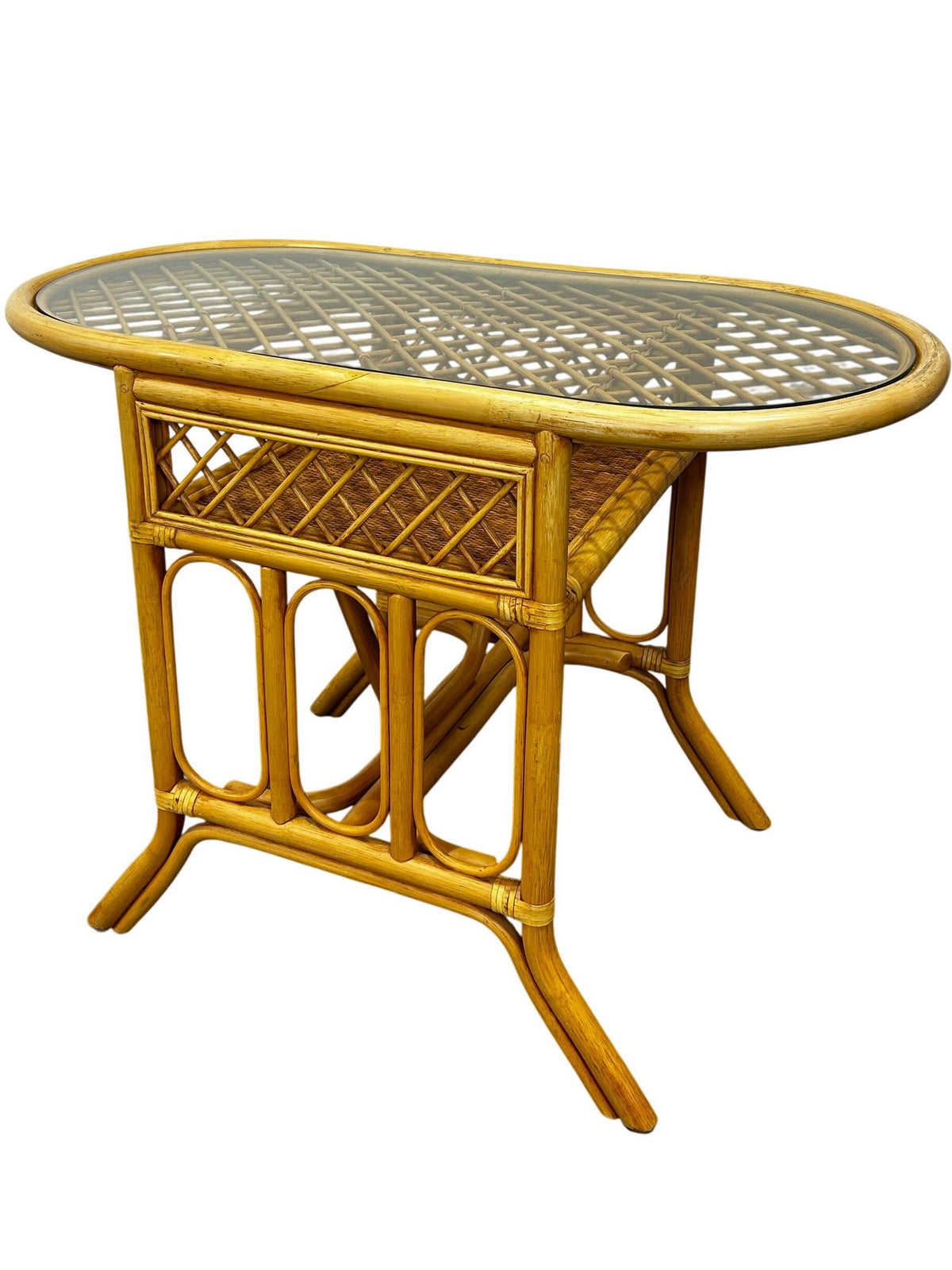Rattan Style Console Table Oval Glass Top Woven Brown Conservatory (Pre-Loved)