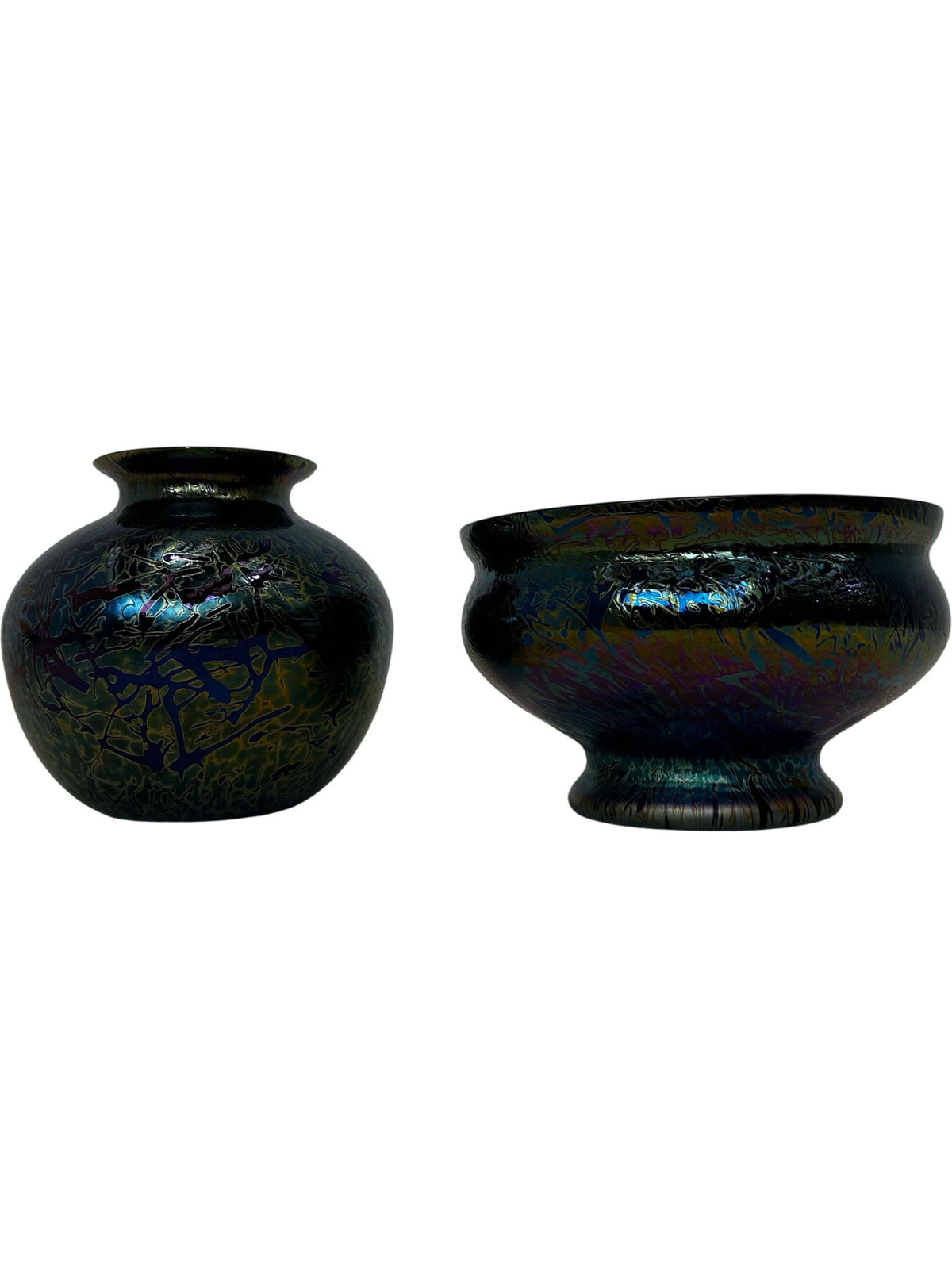 Iridescent Art Glass Vase & Footed Bowl Set Decorative Glass (Pre-Loved)