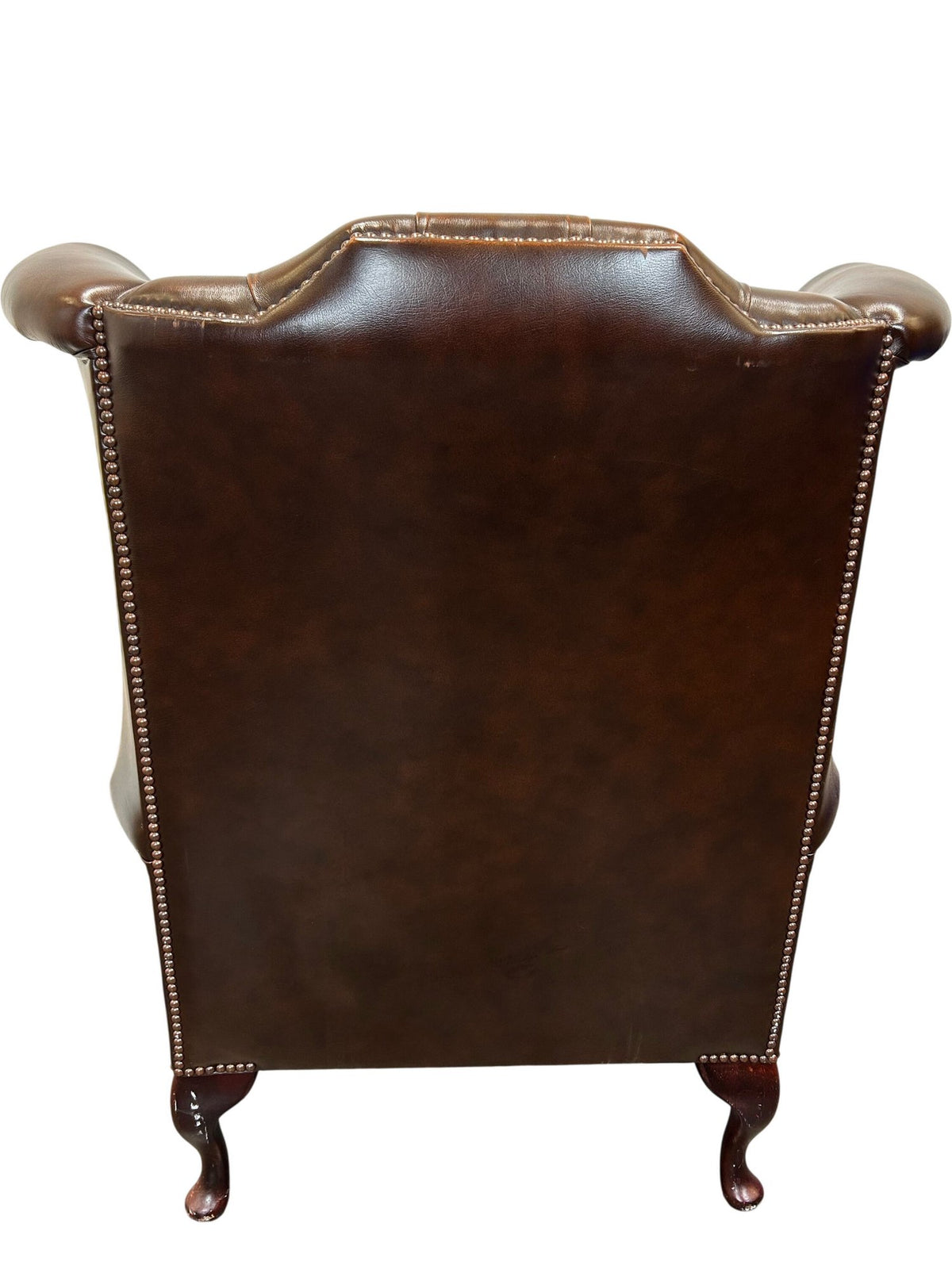 Vintage Wingback Armchair Button Tufted Brown Studded Trim (Pre-Loved)