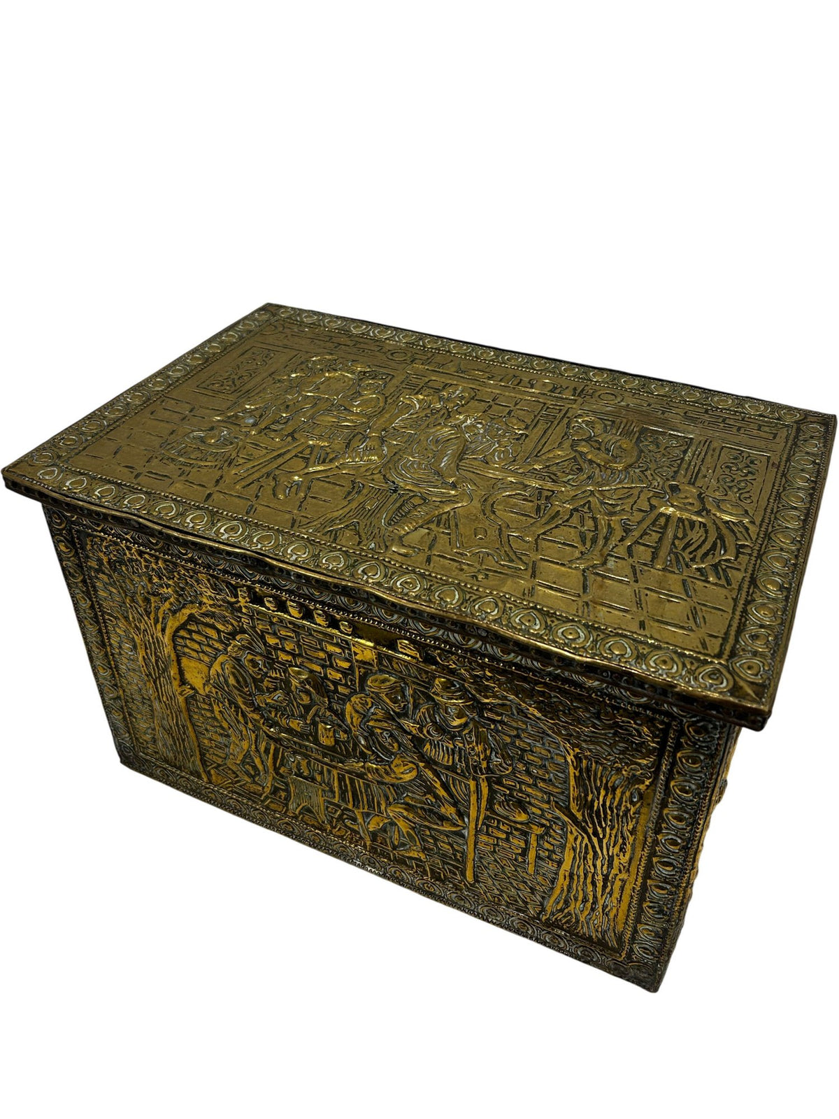 Embossed Metal Storage Box Hinged Lid Brass Tone (Pre-Loved)