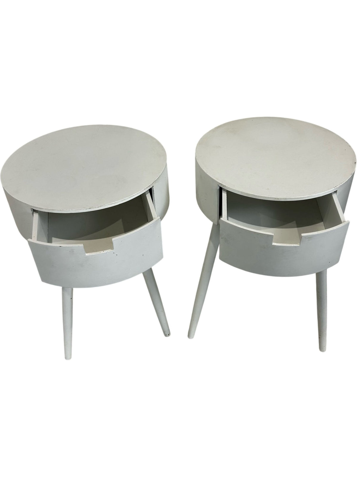 Set of 2 White Round Bedside Tables with Drawer Storage Tapered Legs (Pre-Loved)