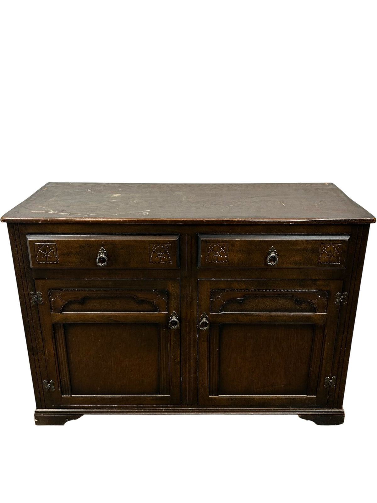 Dark Wood Sideboard with 2 Drawers 2 Door Cupboard Carved Detail (Pre-Loved)