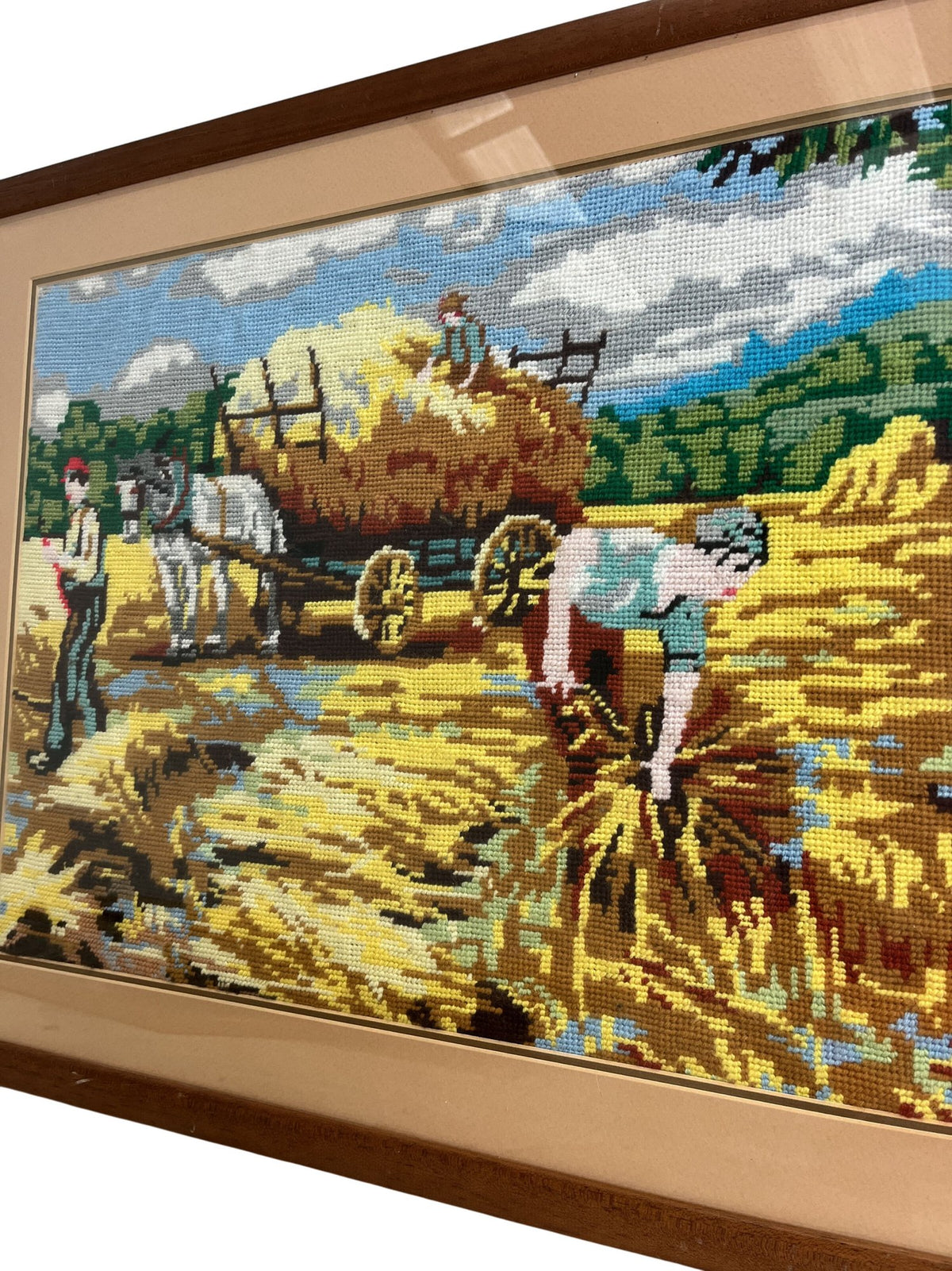 Vintage Framed Needlepoint Woven Harvest Scene Art (Pre-Loved)