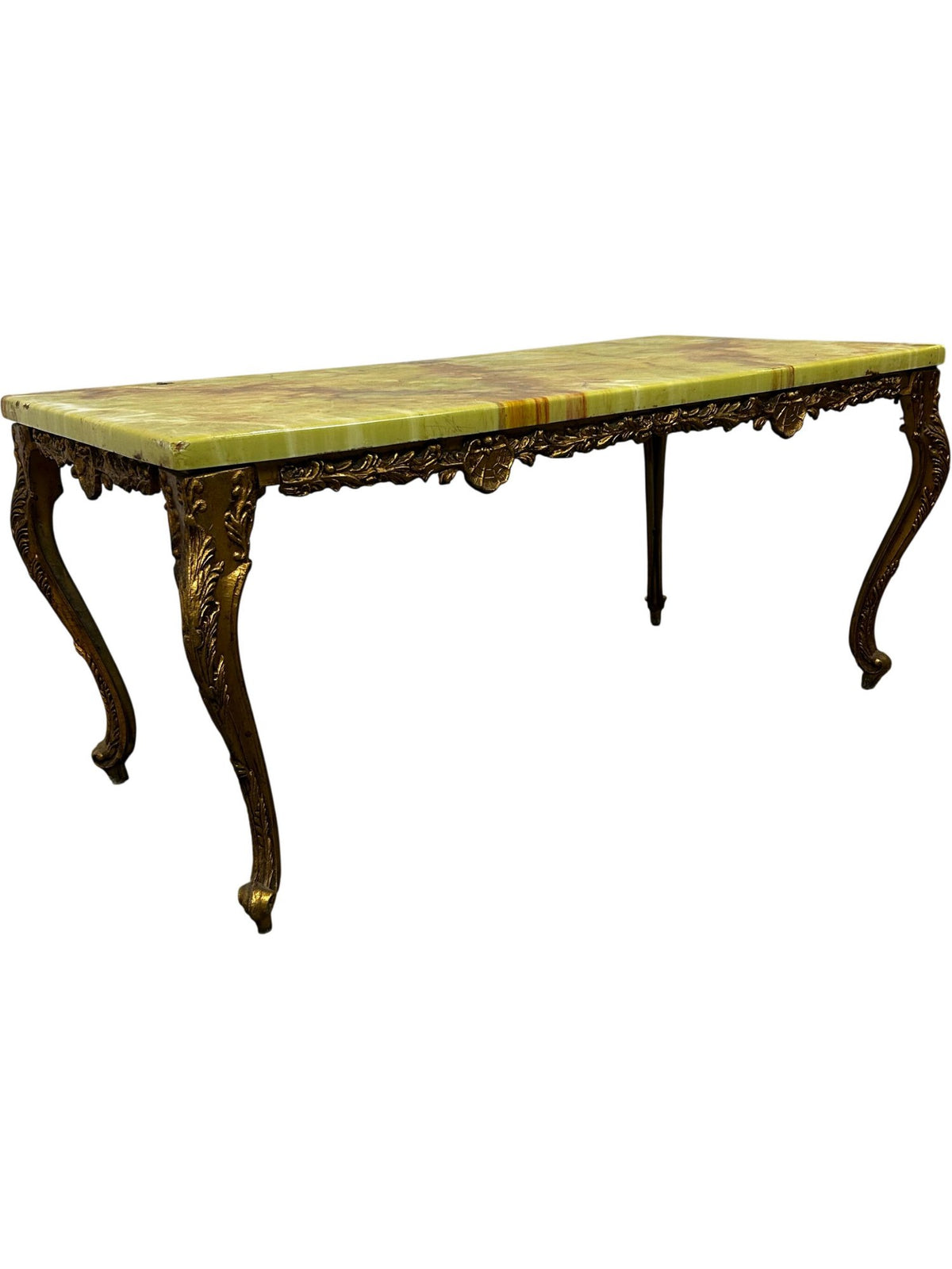 Vintage Green Onyx Marble Coffee Table with Ornate Brass-Tone Base (Pre-Loved)