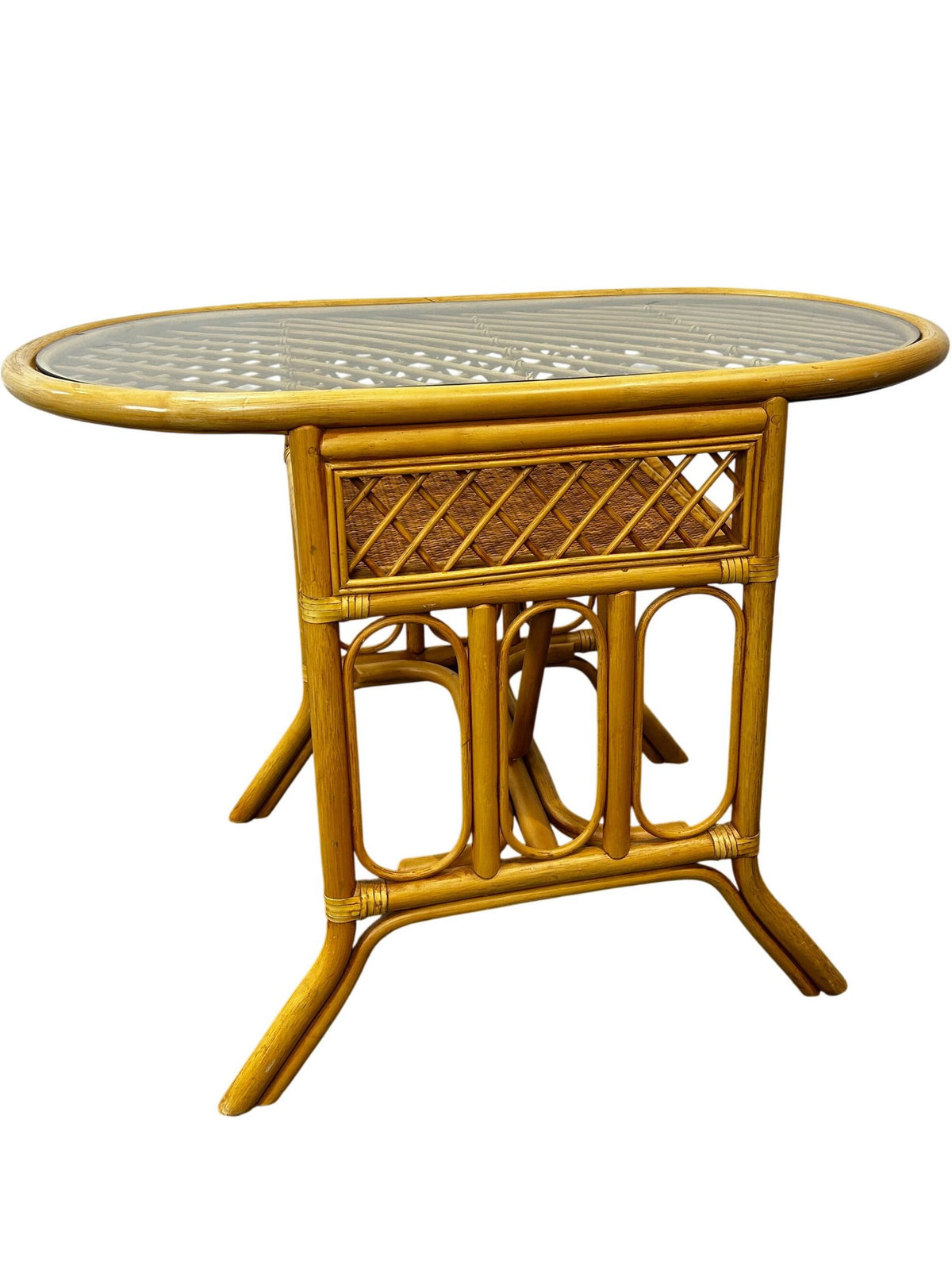 Rattan Style Console Table Oval Glass Top Woven Brown Conservatory (Pre-Loved)
