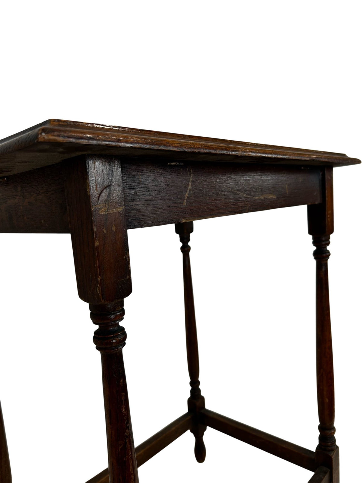 Traditional Dark Wood Side Table Turned Legs Stretcher Square (Pre-Loved)
