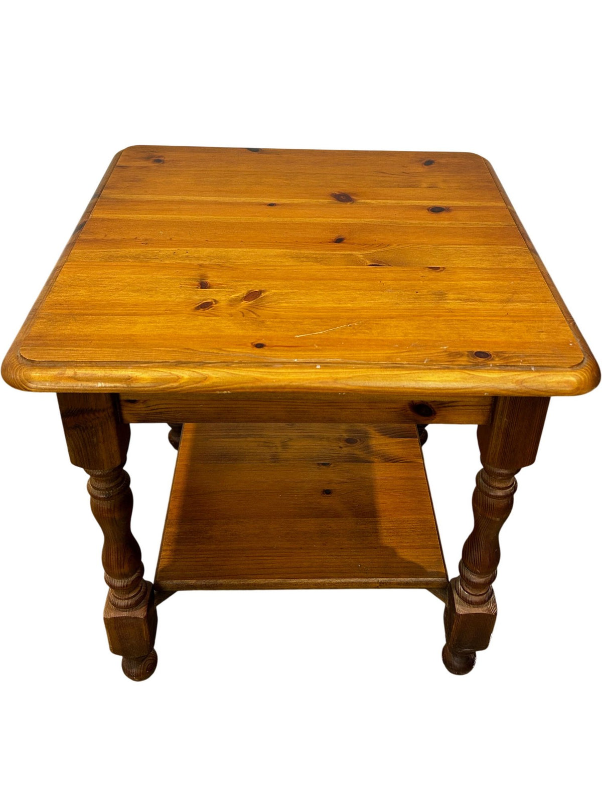 Vintage Wooden Side Table Square Turned Legs Lower Shelf Brown (Pre-Loved)