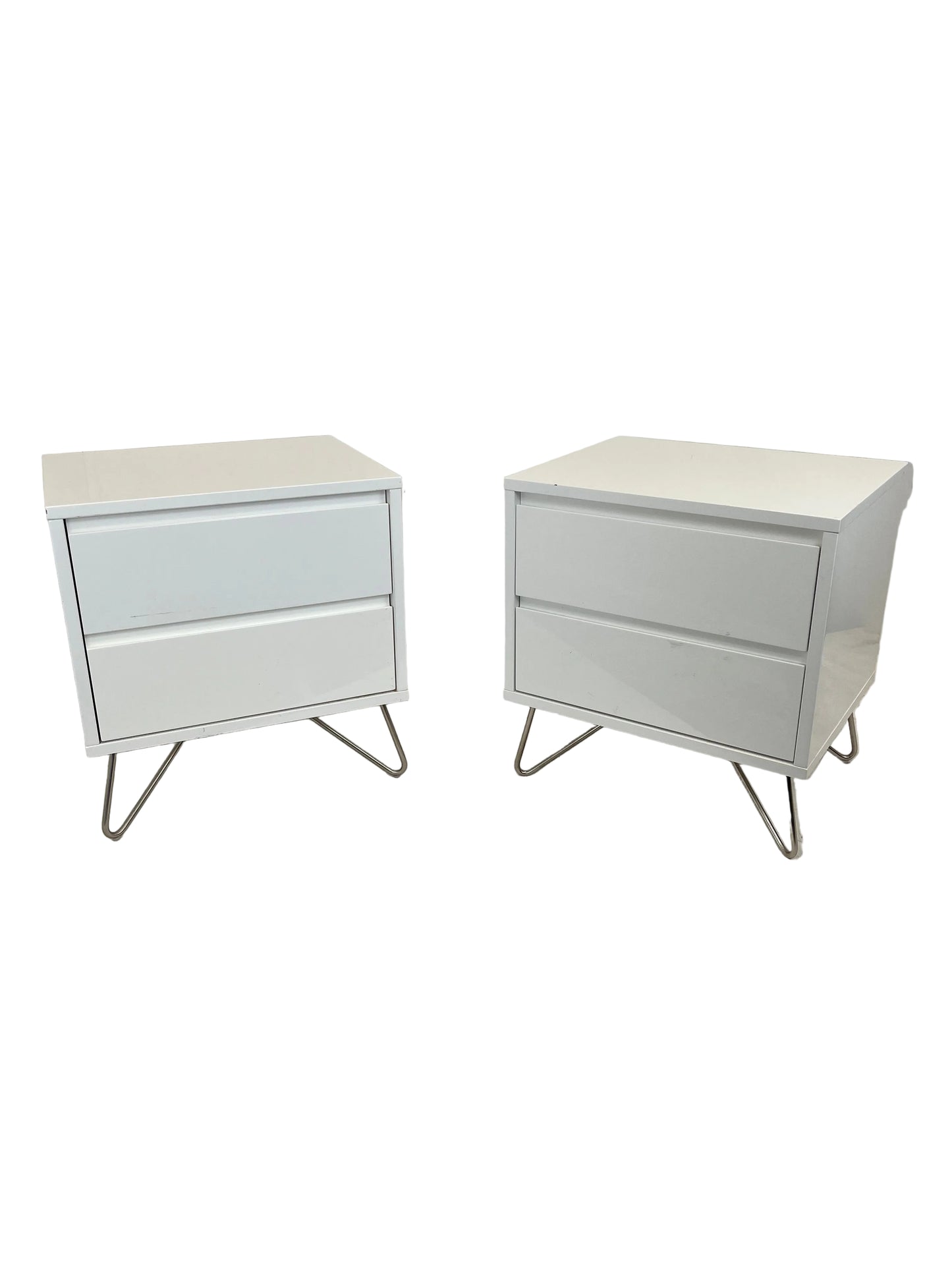 Elona Made White Bedside Tables With Silver Hairpin Legs (Pre-Loved)