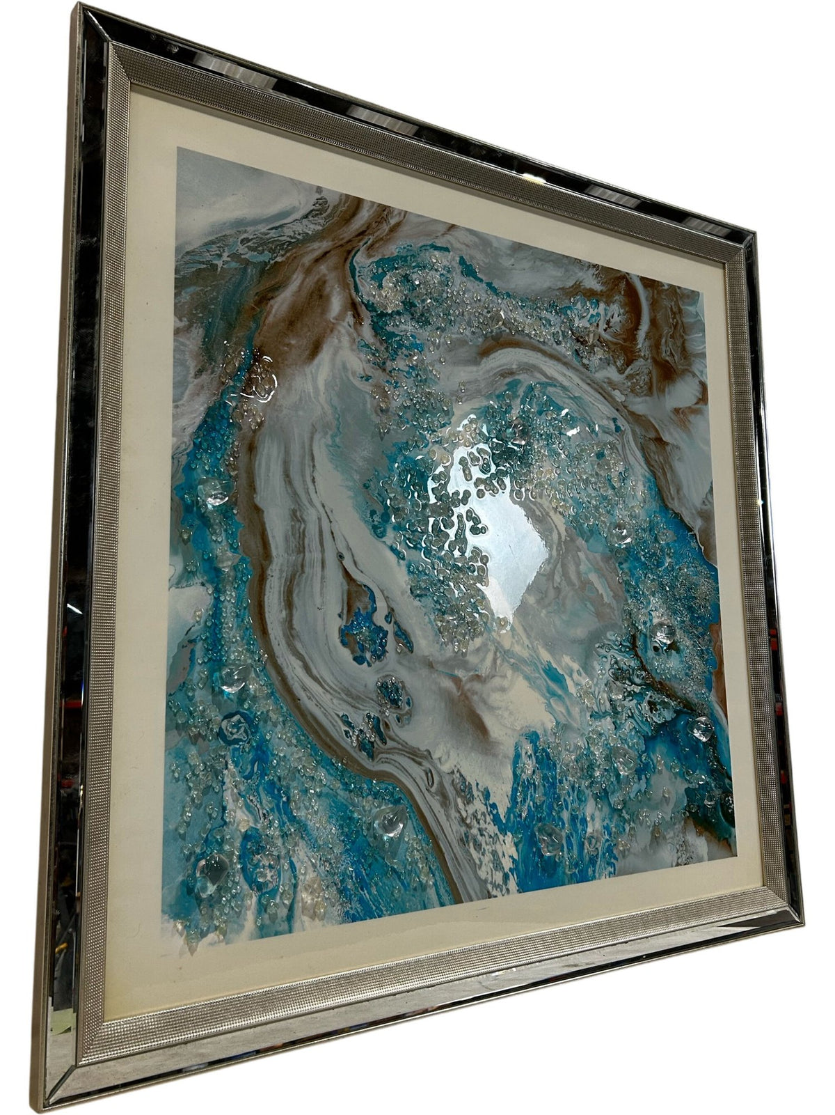 Large Blue White Abstract Marble Effect Wall Art Silver Frame 89cm (Pre-Loved)