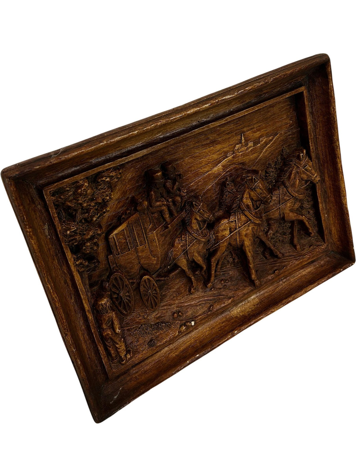 Vintage Coach & Horses Relief Wall Plaque Rustic Carved Effect 31cm (Pre-Loved)