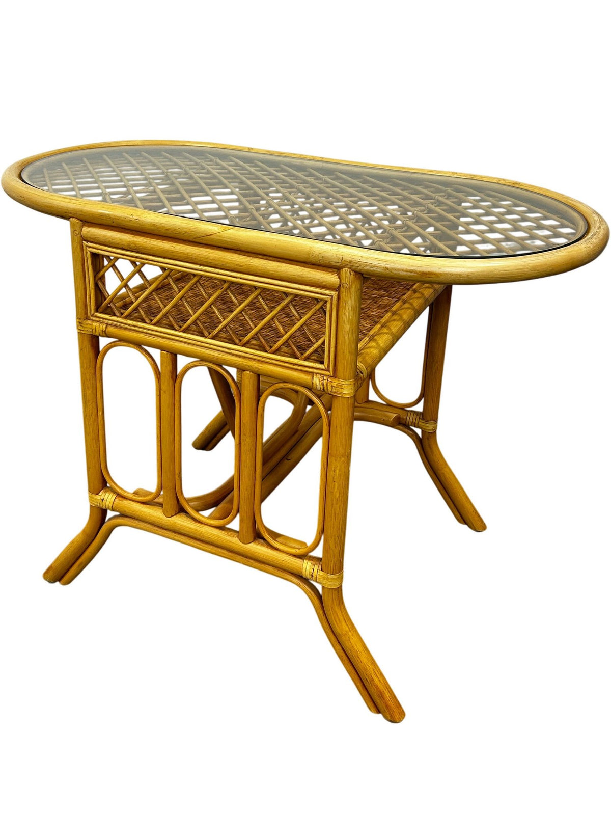 Rattan Style Console Table Oval Glass Top Woven Brown Conservatory (Pre-Loved)
