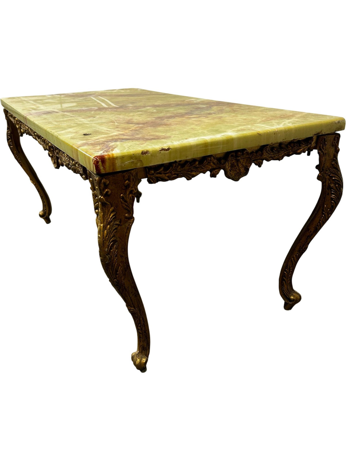 Vintage Green Onyx Marble Coffee Table with Ornate Brass-Tone Base (Pre-Loved)