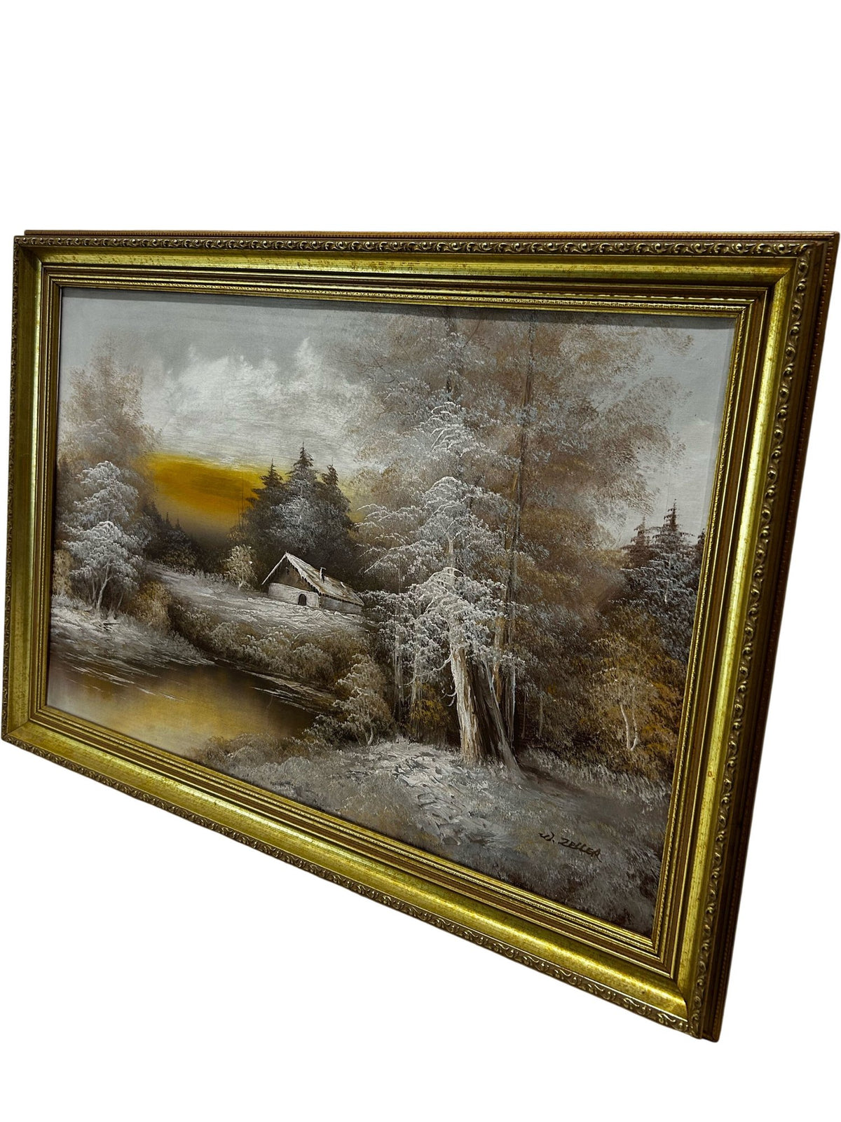 Signed W Zeller Landscape Painting Forest Cabin River Framed 86cm (Pre-Loved)