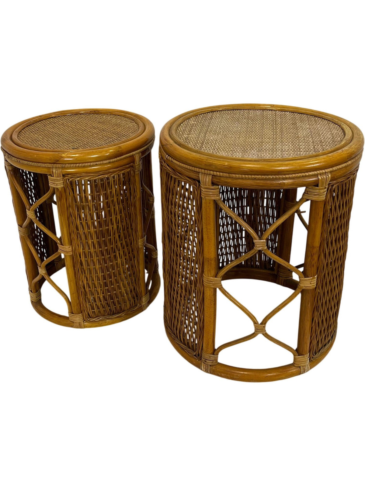Vintage Rattan Bamboo Woven Round Nesting Side Tables (Pre-Loved)