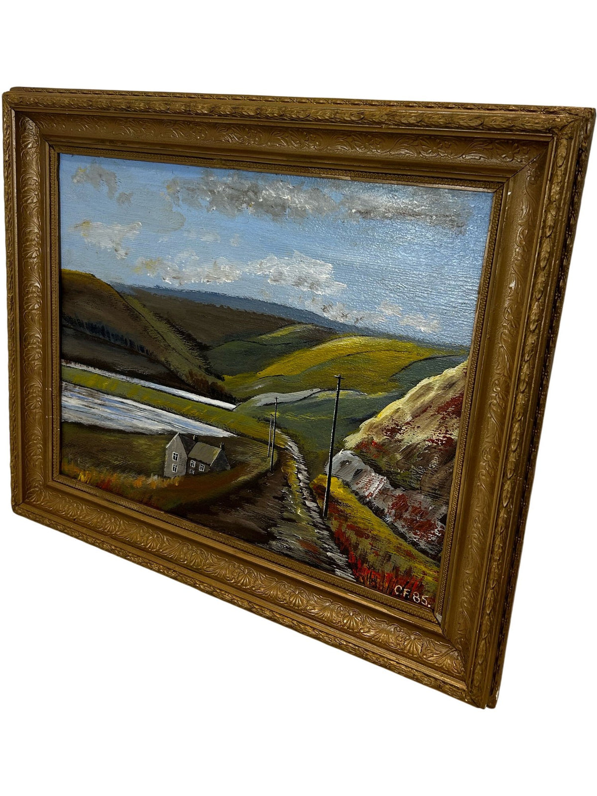 Signed 1985 Framed Landscape Countryside Painting Gold Frame (Pre-Loved)