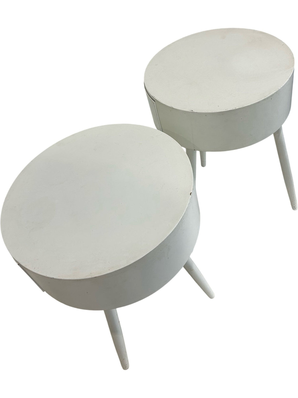 Set of 2 White Round Bedside Tables with Drawer Storage Tapered Legs (Pre-Loved)