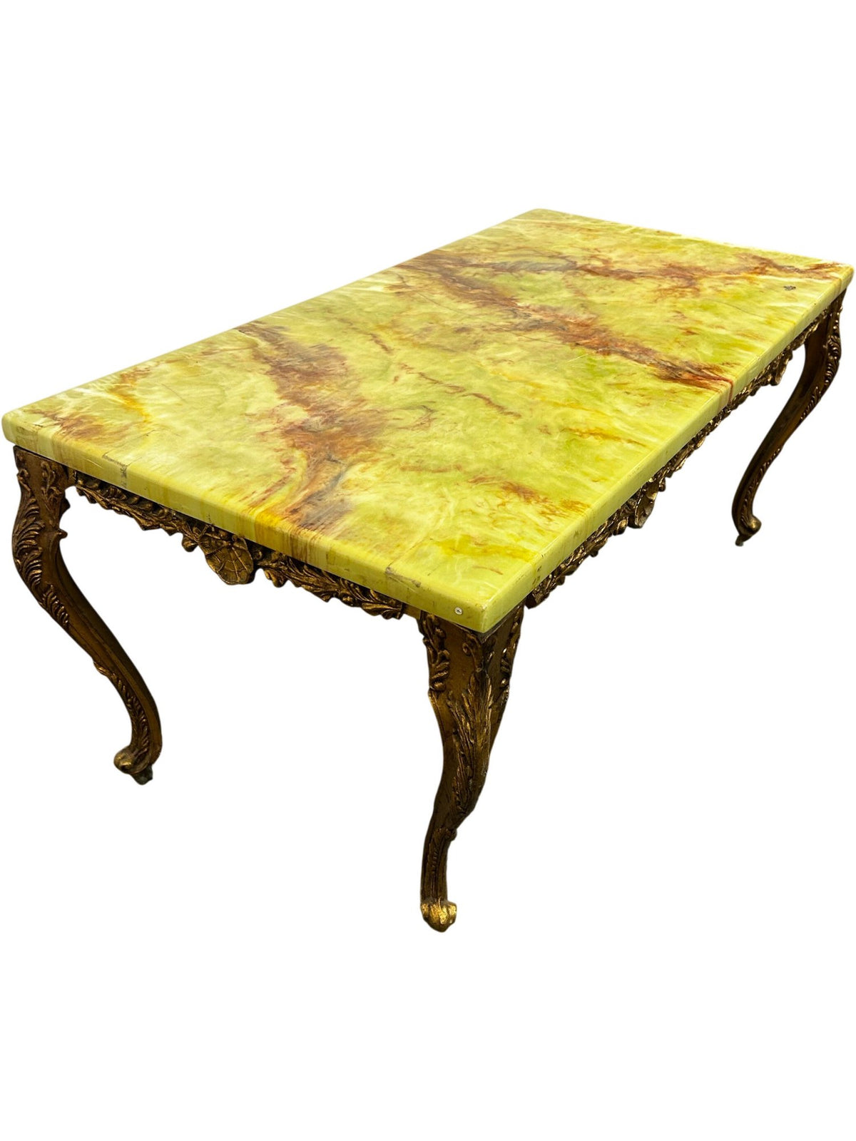 Vintage Green Onyx Marble Coffee Table with Ornate Brass-Tone Base (Pre-Loved)